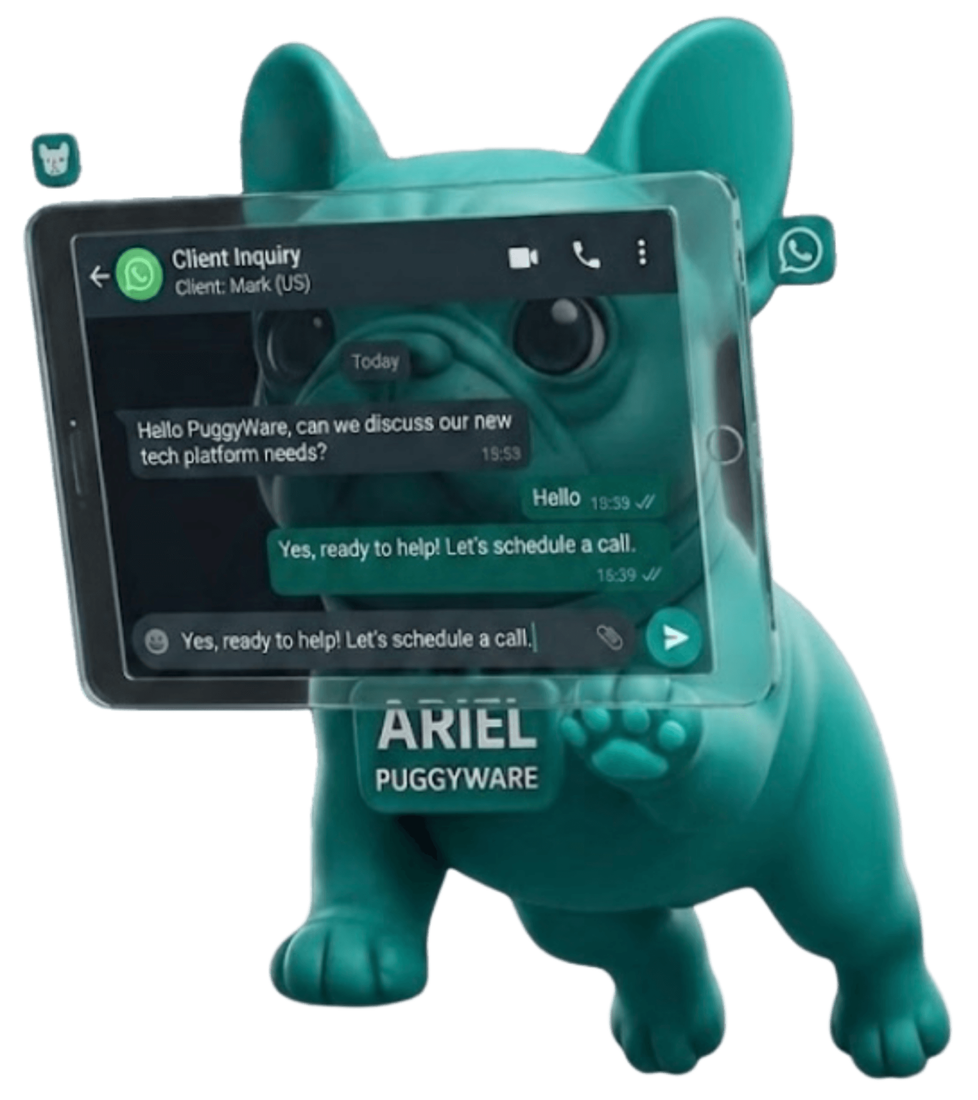 Mascote Ariel da PuggyWare em atendimento