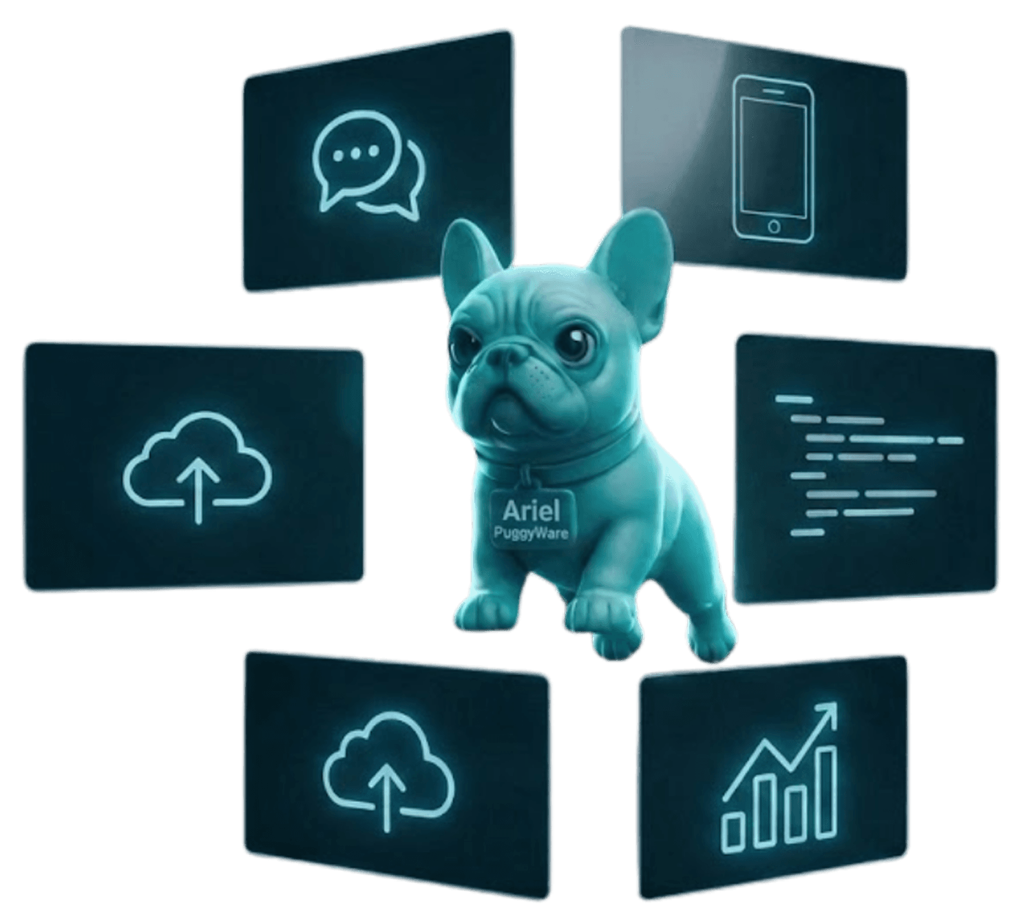 Mascote Ariel da PuggyWare no processo de trabalho