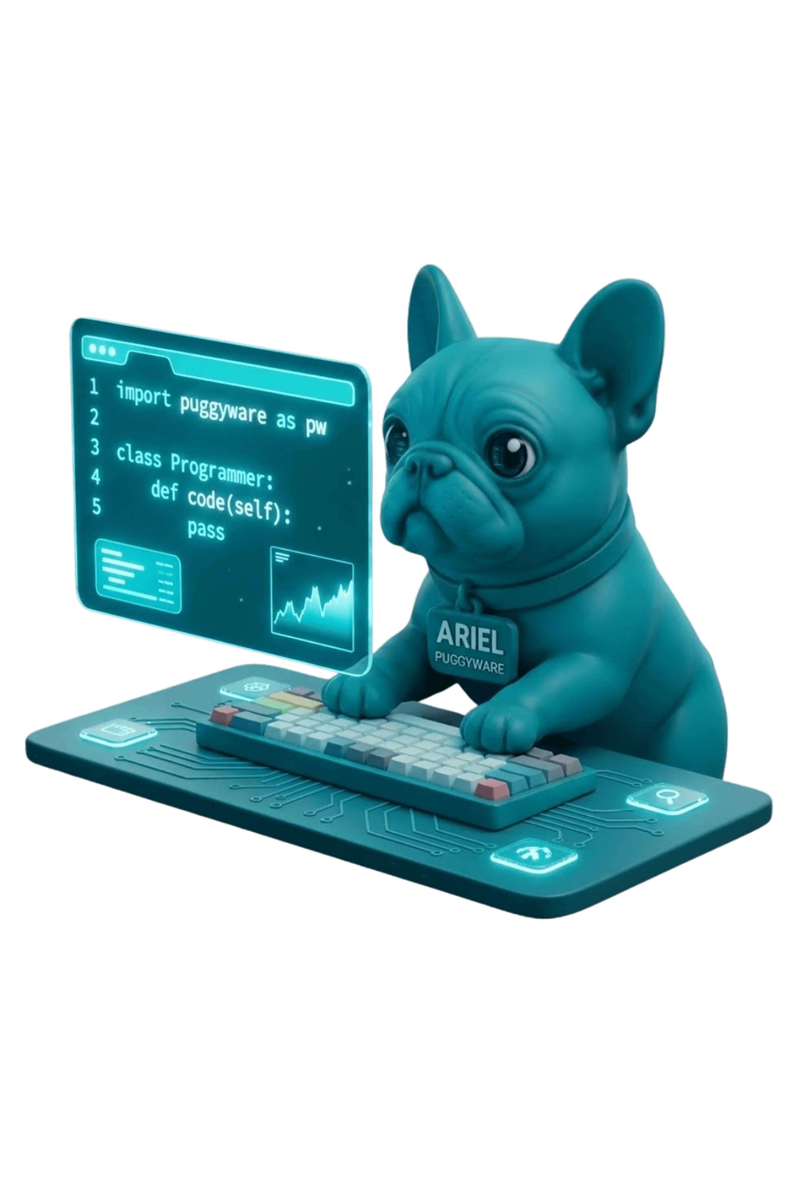 Mascote Ariel da PuggyWare programando